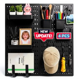 TurnSun Pegboard Wall Organizer 24x24 Black Modular 4‑Shelf System-0